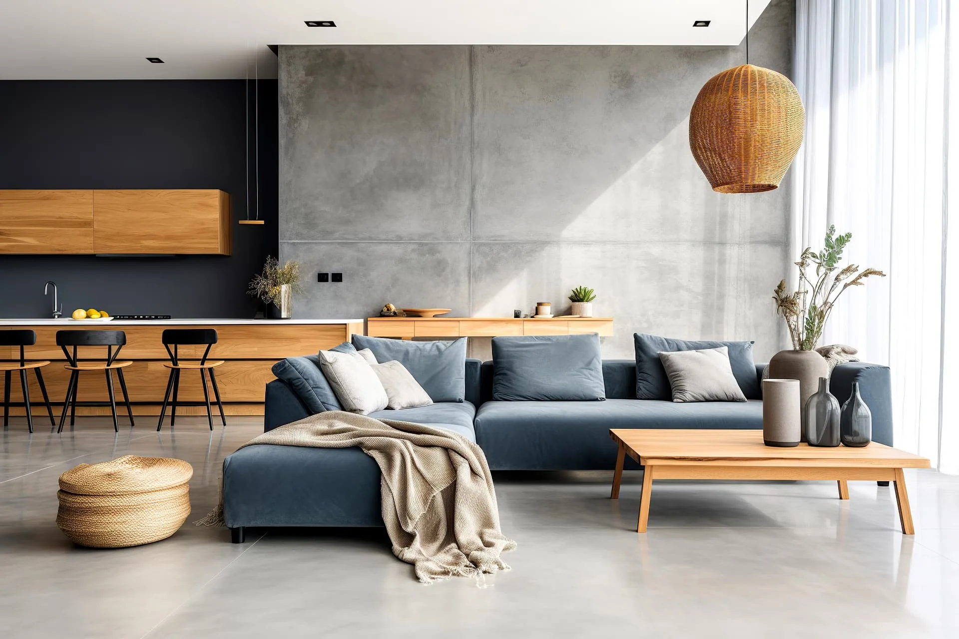 Moderner, heller Wohnraum mit blauem Sofa, Sichtbetonwand und offener Holzküche
